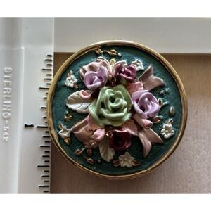 Vtg Rucinni Trinket Box 3-D Roses Pink Purple Green Gold Taiwan 1 3/4" Diameter